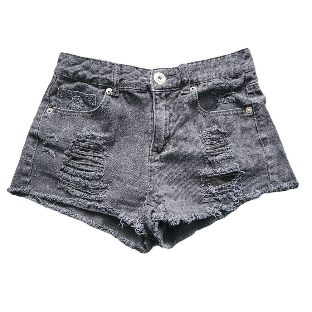 Mudd Women’s Shorts SZ 3 Juniors Black Denim Raw Hem Stretch Shortie Distressed
